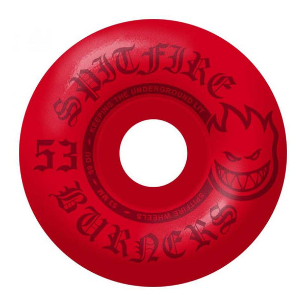 Red Spitfire skateboard wheel with black text and logo on a white background
Spitfire Wheels Burner Wheels 53mm