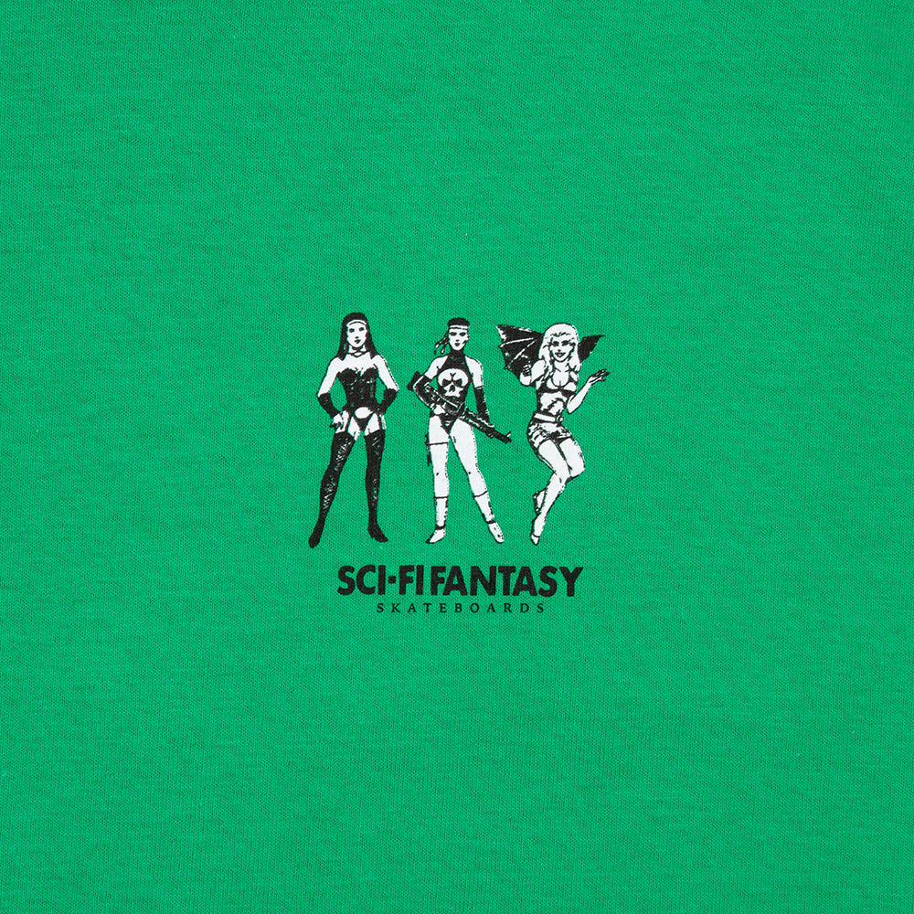 Sci-Fi Fantasy Macho Girls T-Shirt green front detail