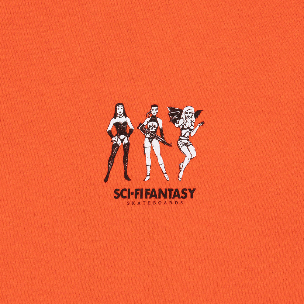 Sci-Fi Fantasy Macho Girls T-Shirt orange front detail