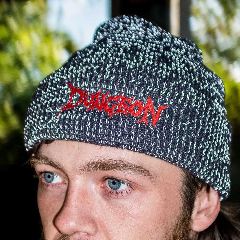 Dungeon Logo reflective beanie model lit